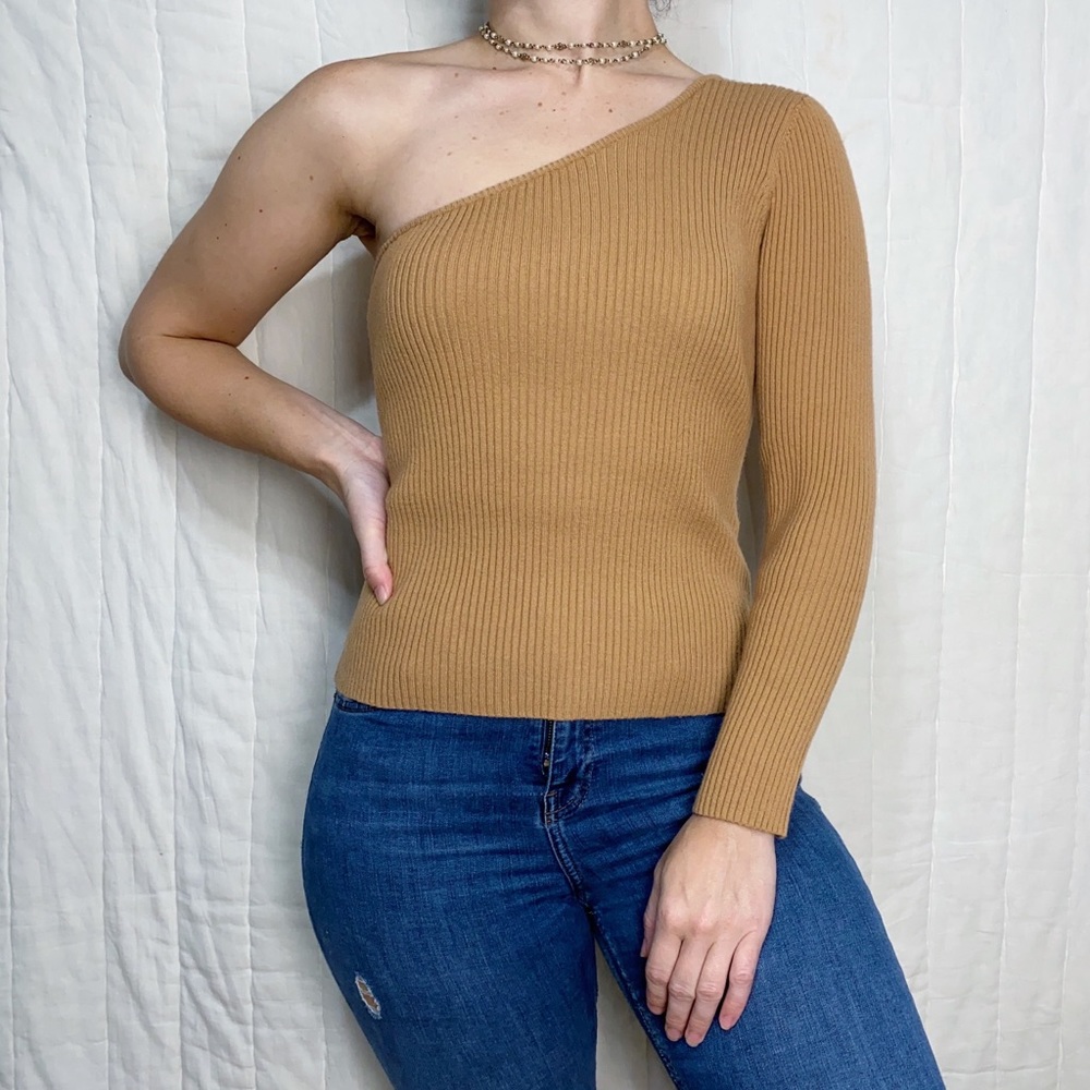 Lovers + Friends Mina Caramel Ribbed One Shoulder Sweater